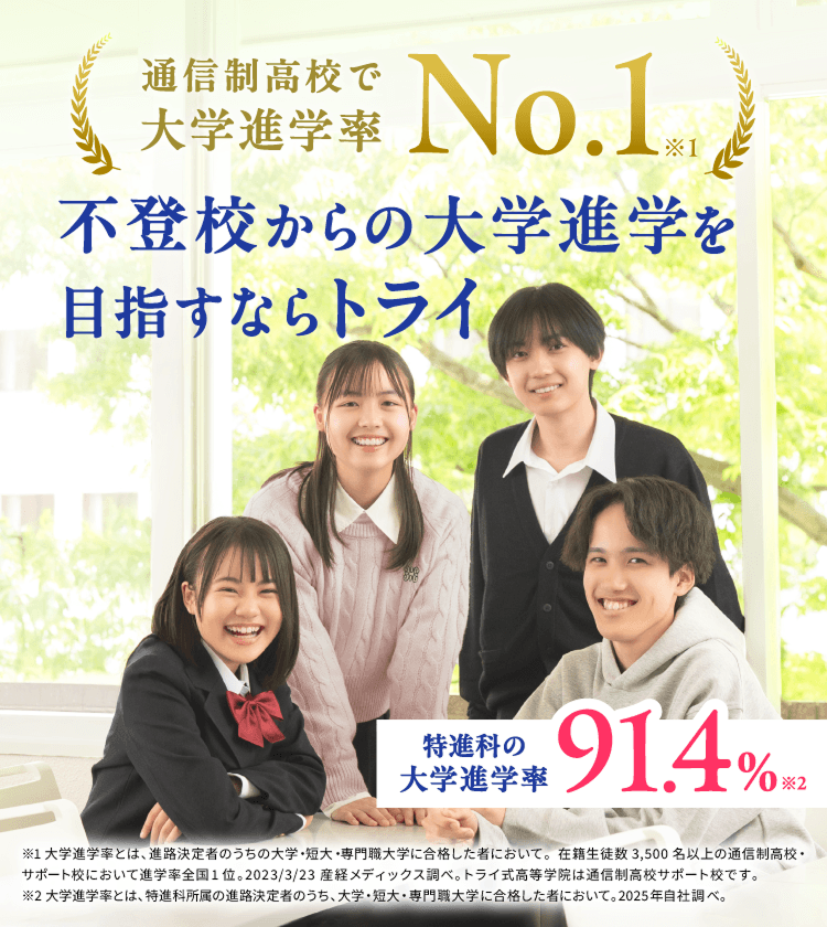通信制高校で大学進学率No.1※1 不登校からの大学進学を目指すならトライ 特進科の大学進学率91.4%※2 ※1 大学進学率とは、進路決定者のうちの大学・短大・専門職大学に合格した者において、在籍生徒数3,500名以上の通信制高校・サポート校において進学率全国1位。2023/3/23 産経メディックス調べ。トライ式高等学院は通信制高校サポート校です。 ※2 大学進学率とは、特進科所属の進路決定者のうち、大学・短大・専門職大学に合格した者において。2025年自社調べ。