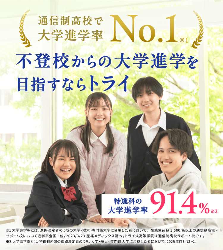 通信制高校で大学進学率No.1※1 不登校からの大学進学を目指すならトライ 特進科の大学進学率91.4%※2 ※1 大学進学率とは、進路決定者のうちの大学・短大・専門職大学に合格した者において、在籍生徒数3,500名以上の通信制高校・サポート校において進学率全国1位。2023/3/23 産経メディックス調べ。トライ式高等学院は通信制高校サポート校です。 ※2 大学進学率とは、特進科所属の進路決定者のうち、大学・短大・専門職大学に合格した者において。2025年自社調べ。